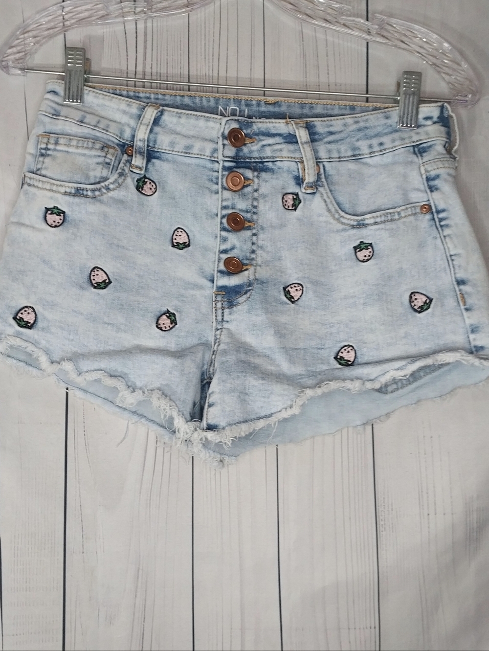 No Boundaries Light Wash Denim Shorts with Strawberry Embroidery Button-Fly